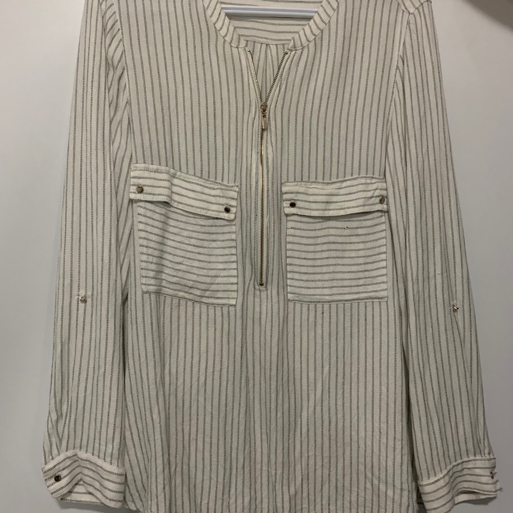 White Striped Blouse with zipper and pockets!